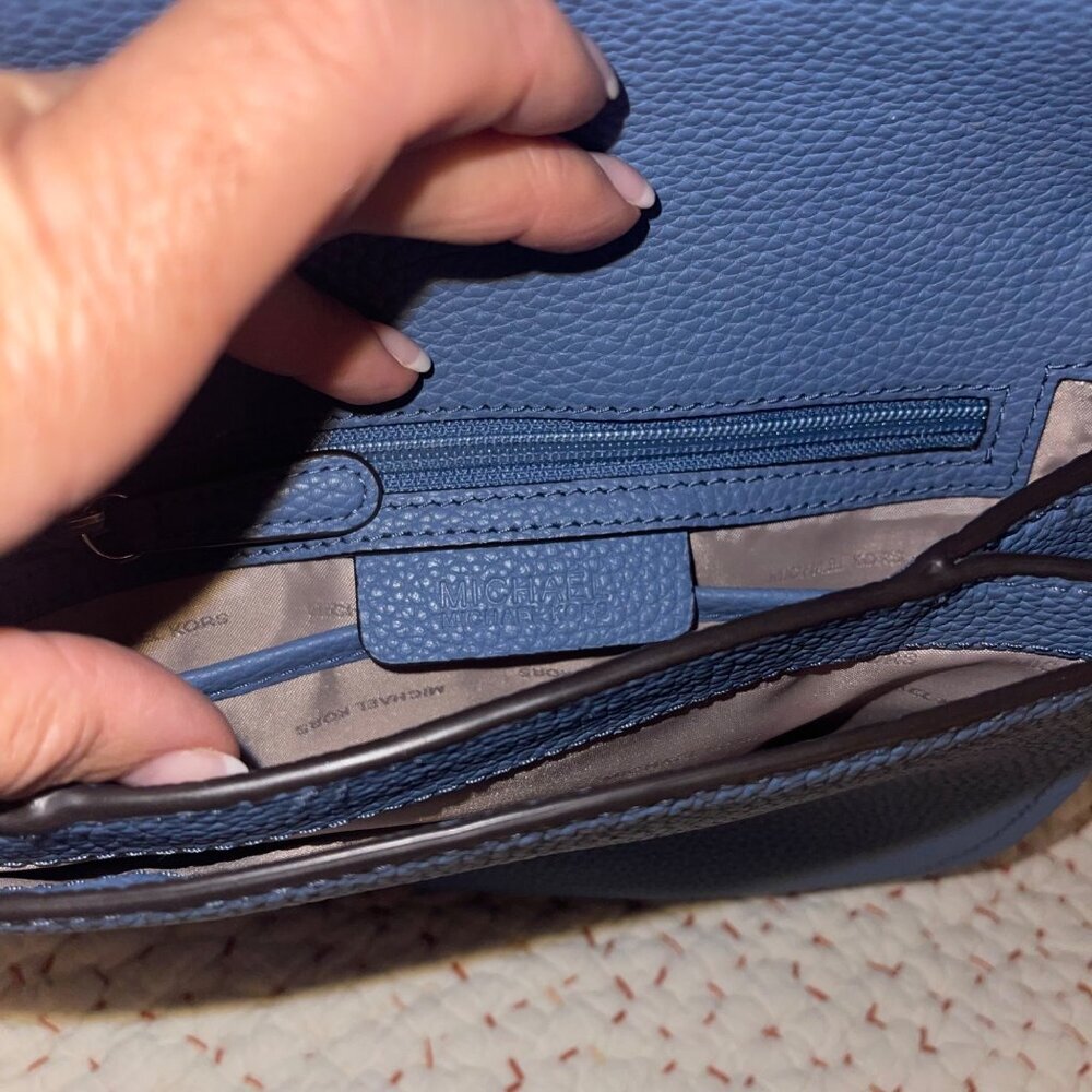 Michael Kors Womens Saddle Bag Maxine Large Blue Pebbled Leather Casual - Picture 12 of 16